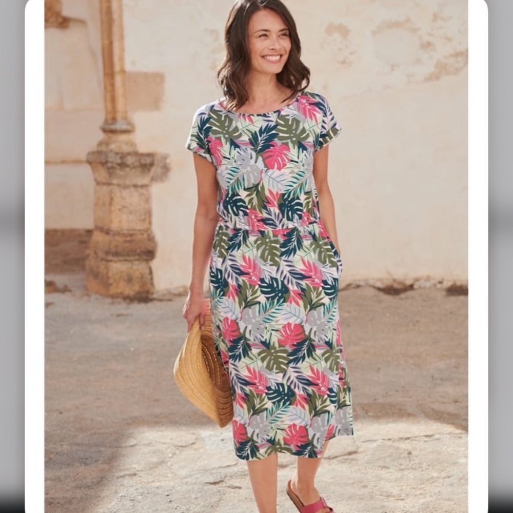 Woolovers Elasticated Waist Tropical Pockets Midi Lagenlook Travel Dress Sz M